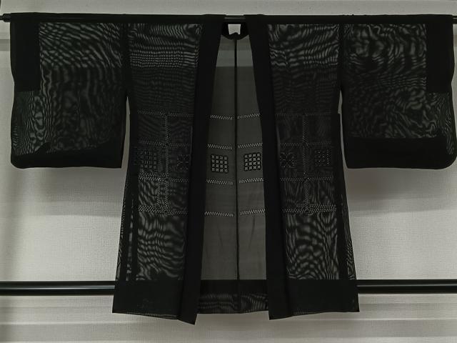 平和屋着物▽羽織　スリーシーズン　春夏秋　塵除け　格子花文　黒地　正絹　逸品　AABK1947jh