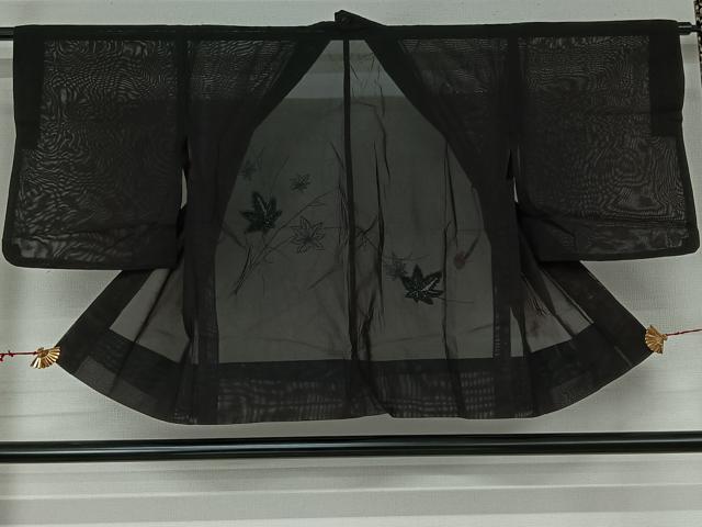 平和屋着物▽羽織　スリーシーズン　春夏秋　塵除け　楓文　黒地　正絹　逸品　AABK1949jh