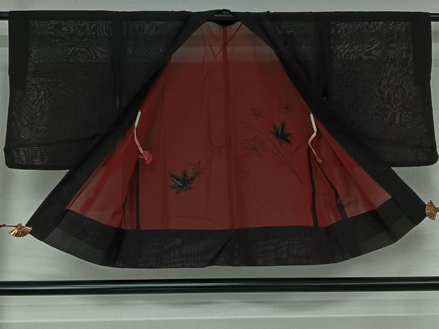 平和屋着物▽羽織　スリーシーズン　春夏秋　塵除け　楓文　黒地　正絹　逸品　AABK1949jh