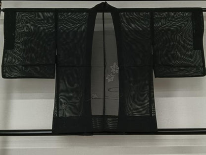 平和屋着物▽羽織　スリーシーズン　春夏秋　塵除け　竜田川文　黒地　正絹　逸品　AABK1950jh