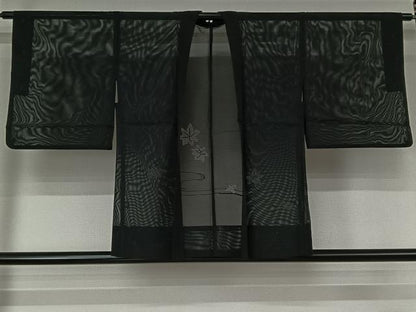 平和屋着物▽羽織　スリーシーズン　春夏秋　塵除け　竜田川文　黒地　正絹　逸品　AABK1950jh