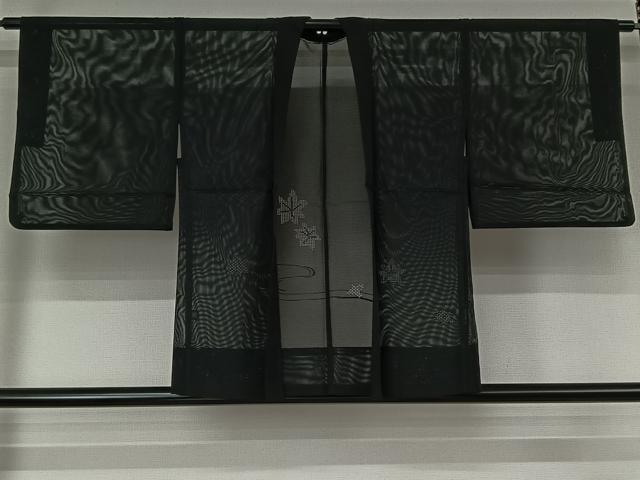 平和屋着物▽羽織　スリーシーズン　春夏秋　塵除け　竜田川文　黒地　正絹　逸品　AABK1950jh