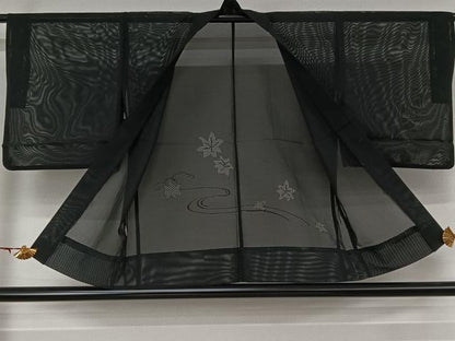 平和屋着物▽羽織　スリーシーズン　春夏秋　塵除け　竜田川文　黒地　正絹　逸品　AABK1950jh