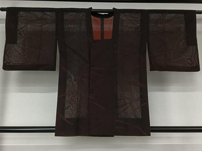 平和屋着物▽道行コート　スリーシーズン　春夏秋　塵除け　草葉文　黒地　正絹　逸品　AABK1952jh