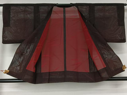 平和屋着物▽道行コート　スリーシーズン　春夏秋　塵除け　草葉文　黒地　正絹　逸品　AABK1952jh
