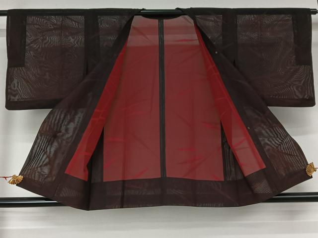 平和屋着物▽道行コート　スリーシーズン　春夏秋　塵除け　草葉文　黒地　正絹　逸品　AABK1952jh