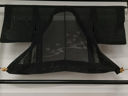 平和屋着物▽羽織　スリーシーズン　春夏秋　塵除け　舞葉文　黒地　正絹　逸品　未使用　AABK1954jh