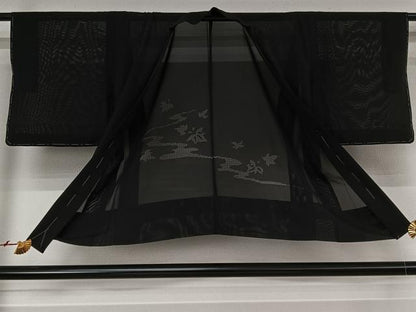 平和屋着物▽羽織　スリーシーズン　春夏秋　塵除け　舞葉文　黒地　正絹　逸品　未使用　AABK1954jh