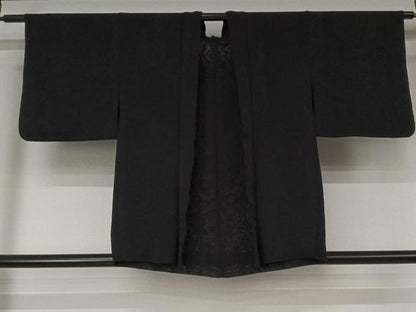 平和屋着物▽羽織　スリーシーズン　春夏秋　塵除け　草葉文　黒地　正絹　逸品　AABK1956jh