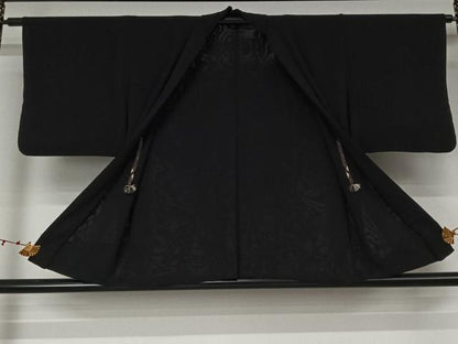 平和屋着物▽羽織　スリーシーズン　春夏秋　塵除け　草葉文　黒地　正絹　逸品　AABK1956jh