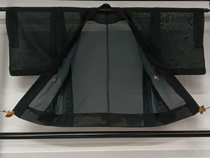 平和屋着物▽羽織　スリーシーズン　春夏秋　塵除け　敷松葉文　黒地　正絹　逸品　AABK1967jh