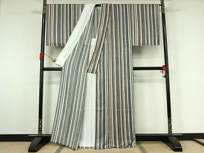 平和屋着物▽上質な小紋　単衣　縞　正絹　逸品　AABK1980jh
