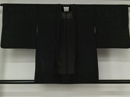 平和屋着物▽羽織　スリーシーズン　春夏秋　塵除け　草葉文　黒地　正絹　逸品　AABK1987jh