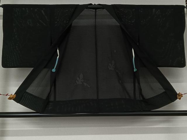 平和屋着物▽羽織　スリーシーズン　春夏秋　塵除け　草葉文　黒地　正絹　逸品　AABK1987jh