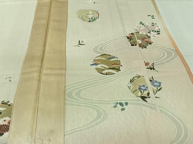 平和屋着物▽訪問着　紗袷　紗×絽　手描き　流水花丸文　銀彩　正絹　逸品　AABK1994jh