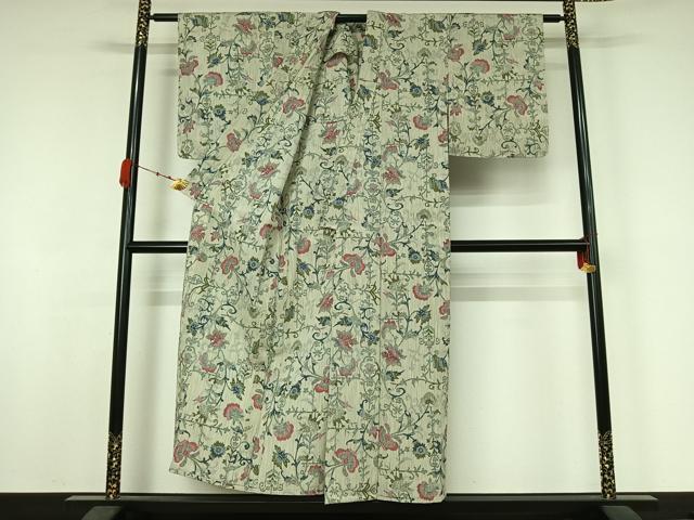 平和屋着物▽小紋　単衣　更紗花文　未使用　AABK1999jh