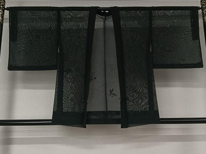 平和屋着物▽羽織　スリーシーズン　春夏秋　塵除け　流水笹の葉文　黒地　正絹　逸品　AABK2015jh