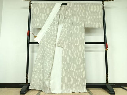 平和屋着物▽本塩沢　単衣　立涌文　証紙付き　正絹　逸品　AABK2054jh