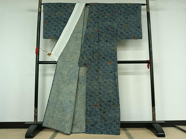 平和屋着物▽小紋　単衣　型染め　草花文　AABK2071jh
