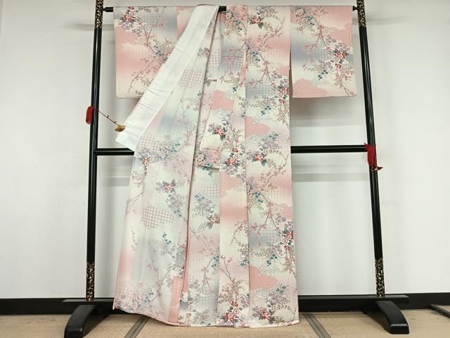 平和屋着物▽上質な小紋　単衣　流水花文　暈し染め　金彩　正絹　逸品　AABK2074jh