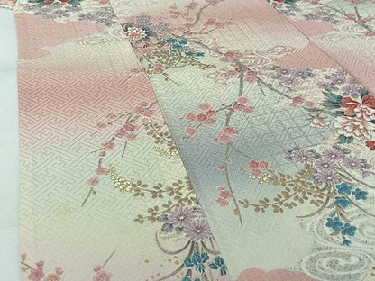 平和屋着物▽上質な小紋　単衣　流水花文　暈し染め　金彩　正絹　逸品　AABK2074jh