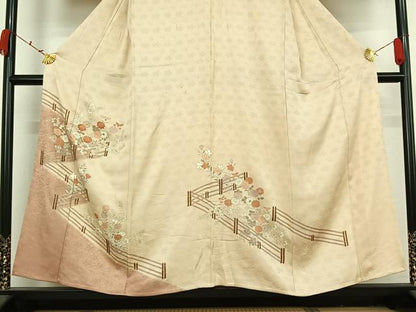 平和屋着物▽訪問着　単衣　刺繍　草花文　金彩　正絹　逸品　AABK2076jh