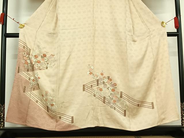 平和屋着物▽訪問着　単衣　刺繍　草花文　金彩　正絹　逸品　AABK2076jh