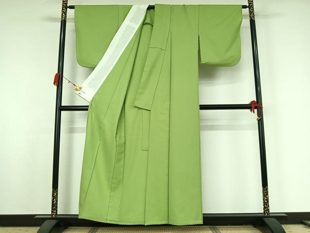 平和屋着物▽色無地　単衣　柳色　洗える着物　AABK2083jh