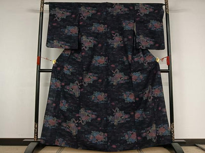 平和屋着物▽上質な紬　単衣　流水花文　正絹　逸品　AABK2088jh