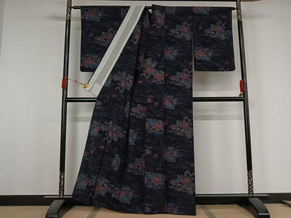 平和屋着物▽上質な紬　単衣　流水花文　正絹　逸品　AABK2088jh