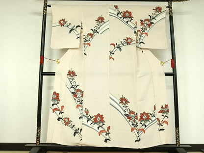 平和屋着物▽訪問着　単衣　更紗花文　金銀彩　正絹　逸品　AABK2089jh