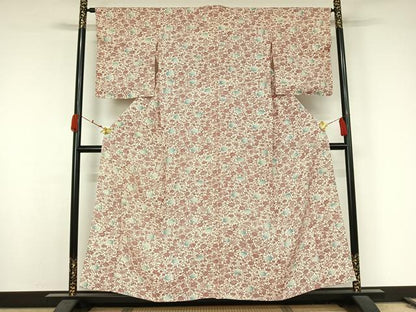 平和屋着物▽上質な小紋　単衣　お召地　型染め　草花文　正絹　逸品　AABK2090jh