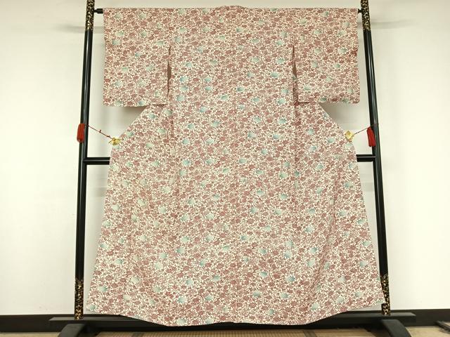 平和屋着物▽上質な小紋　単衣　お召地　型染め　草花文　正絹　逸品　AABK2090jh