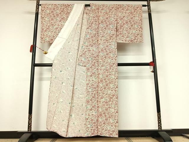 平和屋着物▽上質な小紋　単衣　お召地　型染め　草花文　正絹　逸品　AABK2090jh