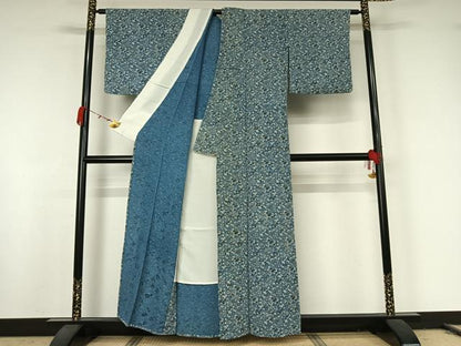 平和屋着物▽上質な小紋　単衣　型染め　青海波花文　鬼しぼ縮緬　正絹　逸品　AABK2096jh