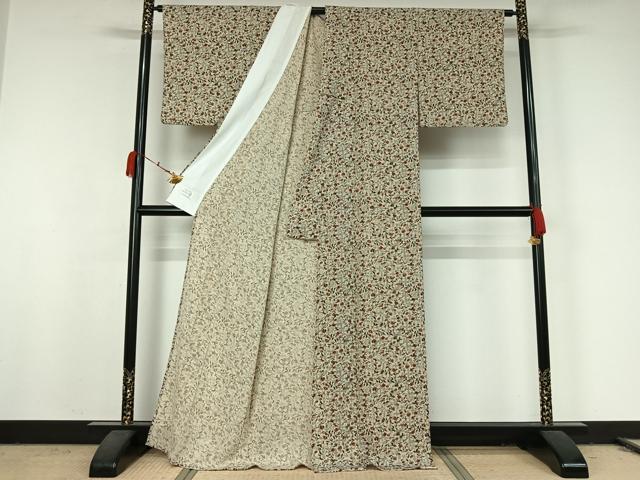 平和屋着物▽洗える最高級着物　＜英＞はなぶさ謹製　小紋　単衣　更紗花文　鬼しぼ縮緬　洗える着物　AABK2097jh