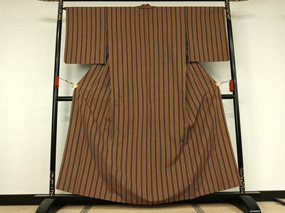 平和屋着物▽上質な紬　単衣　縞　正絹　逸品　AABK2098jh