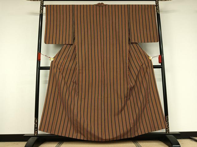 平和屋着物▽上質な紬　単衣　縞　正絹　逸品　AABK2098jh