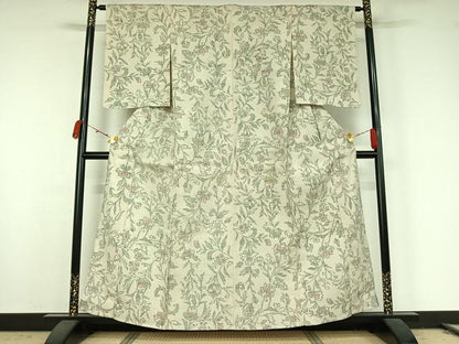 平和屋着物▽上質な紬　単衣　ちぢみ織　草花文　正絹　逸品　AABK2101jh