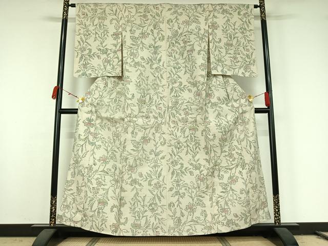 平和屋着物▽上質な紬　単衣　ちぢみ織　草花文　正絹　逸品　AABK2101jh