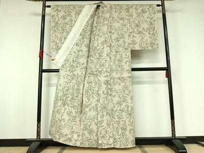 平和屋着物▽上質な紬　単衣　ちぢみ織　草花文　正絹　逸品　AABK2101jh