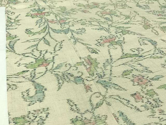 平和屋着物▽上質な紬　単衣　ちぢみ織　草花文　正絹　逸品　AABK2101jh