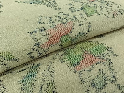 平和屋着物▽上質な紬　単衣　ちぢみ織　草花文　正絹　逸品　AABK2101jh