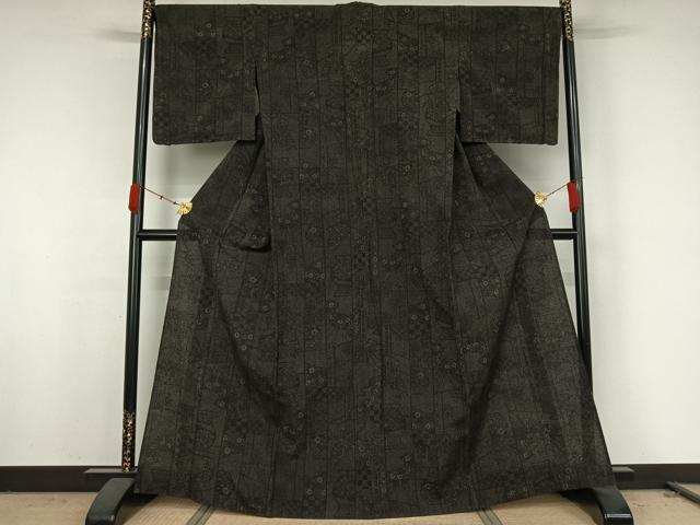 平和屋着物▽上質な紬 　単衣　草花文 　正絹　逸品　未使用　AABK2102jh