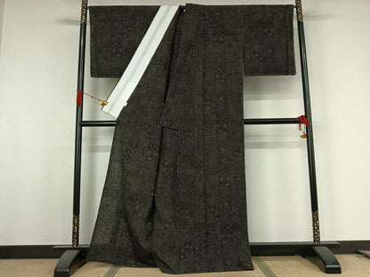 平和屋着物▽上質な紬 　単衣　草花文 　正絹　逸品　未使用　AABK2102jh