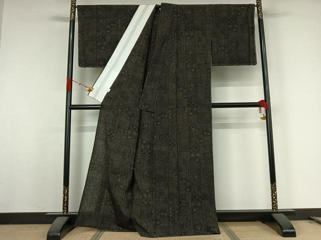 平和屋着物▽上質な紬 　単衣　草花文 　正絹　逸品　未使用　AABK2102jh