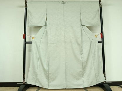 平和屋着物▽色無地　単衣　流水地紋　白鼠色　洗える着物　AABK2103jh