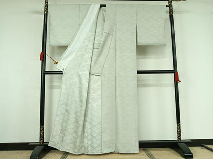 平和屋着物▽色無地　単衣　流水地紋　白鼠色　洗える着物　AABK2103jh