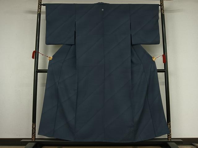 平和屋着物▽上質な色無地　単衣　流水地紋　鉄御納戸色　正絹　逸品　AABK2106jh
