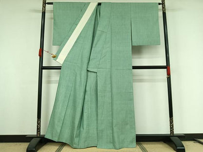平和屋着物▽結城紬　単衣　色無地　錆青磁色　正絹　逸品　AABK2110jh